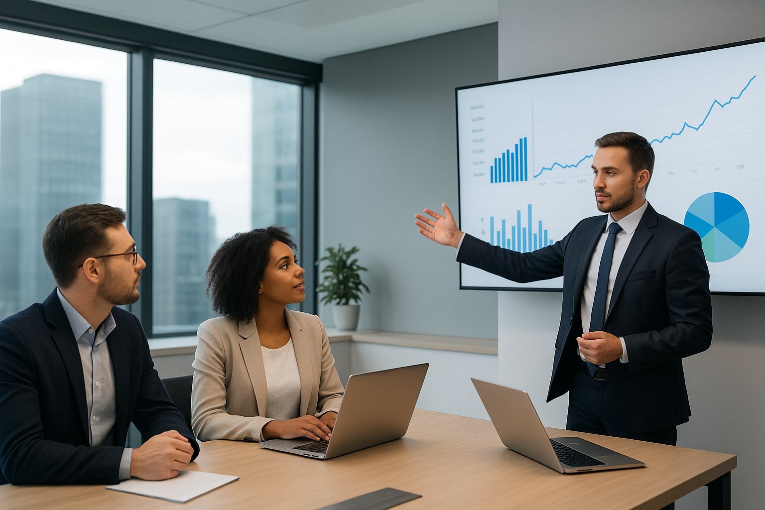 Oficina moderna con presentación financiera